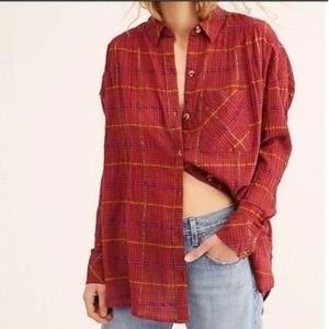 Free people plaid break my stride long sleeve button down shirt